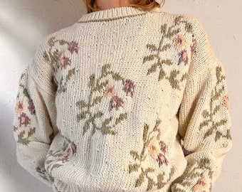 90s 'Liz Sport' Floral Knit Pullover Sweater / Medium