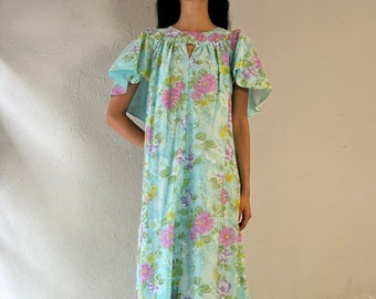 Vintage handgemaakte blauwe bloemenkaftanjurk uit de jaren 70 / Maat M