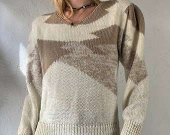 90s 'Woodwards' Beige and White Knit Sweater / Small