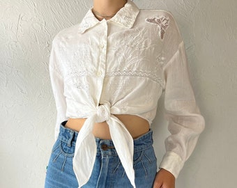 90s 'Trendsane' White Linen Tie Top / Small