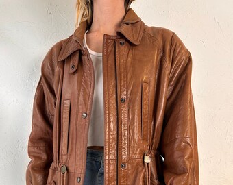 80s 'Perfect' Brown Leather Drawstring Jacket / Large