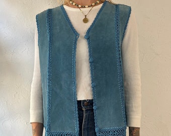 Vintage Blue Suede Crochet Vest / Small