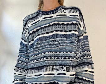 90s 'Florence Tricot' Blue Coogie Style Cotton Acrylic Knit Sweater / Large