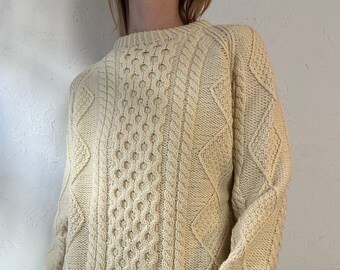 Vintage Hand Knit Cream Cable Knit Fishermans Sweater / Small