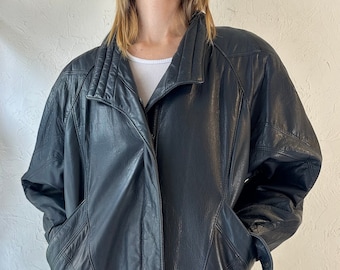 80s 'Marquis' Navy Blue Leather Jacket / Large