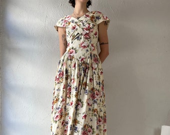 Vestido de rayón con estampado floral 'Robbie Bee' de los años 90 / Pequeño