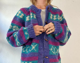 Vintage Oversized Chunky Knit Wool Cardigan Sweater / Large