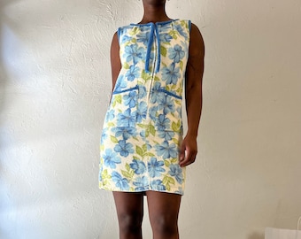 Minivestido vintage hecho a mano de toalla de rizo con estampado floral / Vestido de playa retro / Talla M