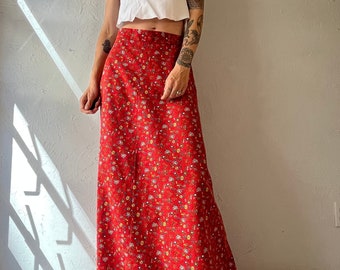 Vintage Handmade Orange Floral Print Maxi skirt / Medium