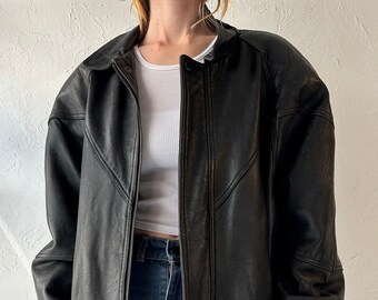 Chaqueta bomber de cuero negro de los años 90 / Mediana