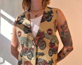 90s 'Facets' Motorcycle Tapestry Vest / Small