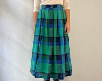 80s 'Louben' Blue Plaid Pleated Midi Skirt / Small