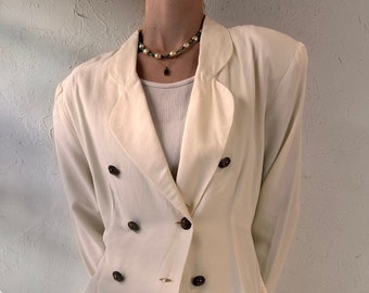 80s 'UXL' White Double Breasted Top / Vintage 1980s Retro Blouse / Medium - Large
