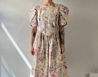 90s Handmade Cotton Floral Puff Sleeve Dress / Medium