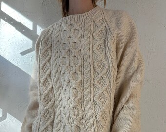 Pull pêcheur crème vintage en maille torsadée / Grand