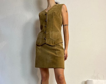 70s 'Danyali' Suede Leather Vest Skirt Set / Medium