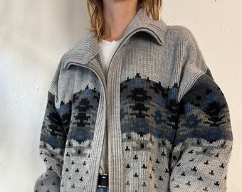 90s 'London Fog' Gray Acrylic Knit Zip Up Cardigan Sweater / Large