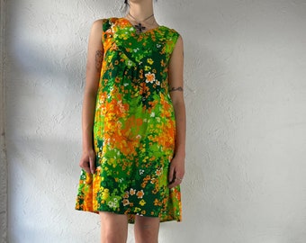 70s Green Floral Midi Dress / Medium