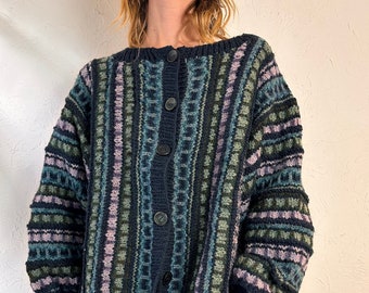 90s 'Philosophers' Oversized Blue Wool Hand knit Cardigan Sweater / Large