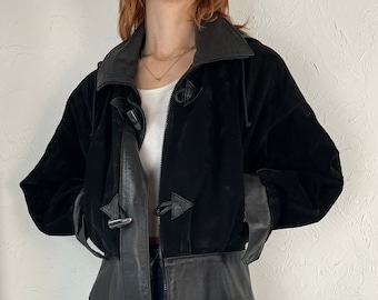 90s 'Leather Ranch' Black Suede Leather Hooded Bomber Jacket / Small