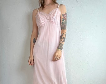 70s 80s Sheer Pink Lacey Slip Dress / Small