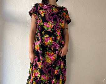 70s Handmade Black Floral Print Mumu Maxi Dress / Medium