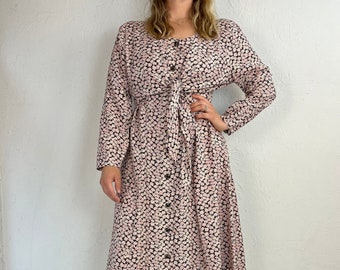 90s 'Marylin' Pink Floral Rayon Dress / Large