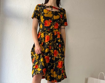 60s 70s 'LL' Black Floral Print Day Dress / Medium