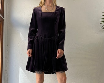 90s 'Laura Ashley' Dark Purple Velvet Mini Dress / Medium