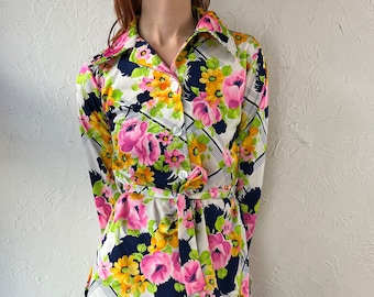70s Retro Floral Print Blouse / Small