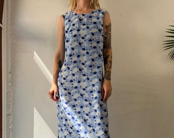 90s 'Darian' Blue Sleeveless Floral Print Dress / 10