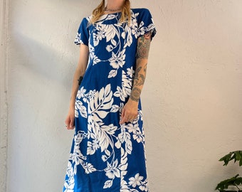 90s Blue Hawaiian Tropical Print Maxi Dress / Small