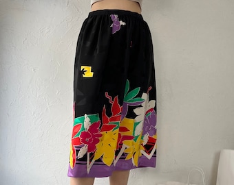 80s 'Umi Collections' Black Floral Pleated A-Line Skirt