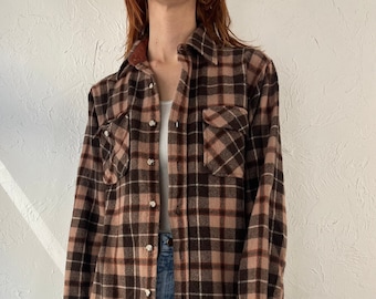 90s 'St. Johns Bay' Brown Plaid Wool Button Up Shirt / Medium