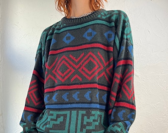 90s 'Gitano' Acrylic Knit Aztec Abstract Print Sweater / Large