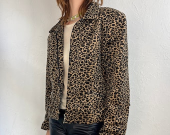 90s 'Laura' Leopard Print Velour Jacket / Small