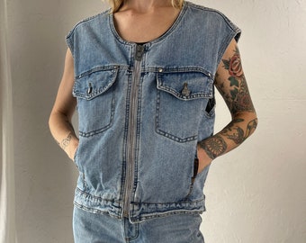 90s 'Harley Davidson' Zip Up Denim Vest / Small