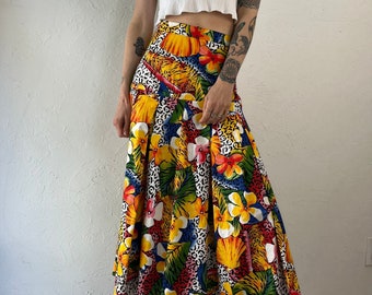 Falda larga plisada abstracta de los 90 / Falda larga vintage de los 90 con estampado floral de leopardo / Pequeña
