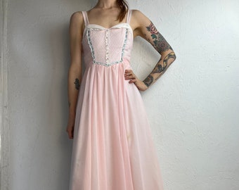 70s ‘Gunne Sax’ Baby Pink White Lace Peasant Dress / X-Small