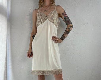 90s 'Vam Roalte' Cream Nylon Lace Slip Dress / Medium