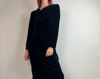 90s 'Kathie Lee' Black Velvet Long Sleeve Dress / Small