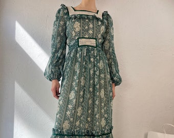 70s 'Candi Jones' Green Romantic Cottage Core Peasant Prairie Maxi Dress / Small