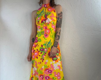70s Floral Print Halter Hippie Dress / Small