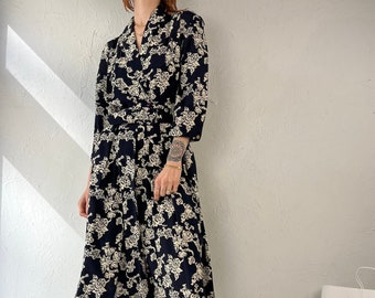 90s 'Braemar Petites' Black White Floral Print Dress / Small