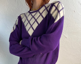 90s 'Personal' Purple V Neck Knit Sweater / Small