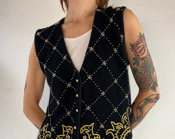 90s 'Karen Scott' Black Knit Studded Vest / Small