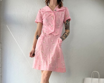 70s Handmade Pink Gingham Collared Mini Dress / Small