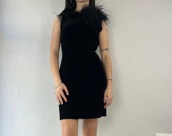 90s 'Silver State' Black Velvet Mini Dress w/ Feather Collar / Small - Medium