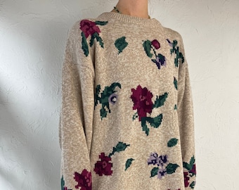 90s 'Northern Reflections' Floral Cotton Knit Sweater / Large