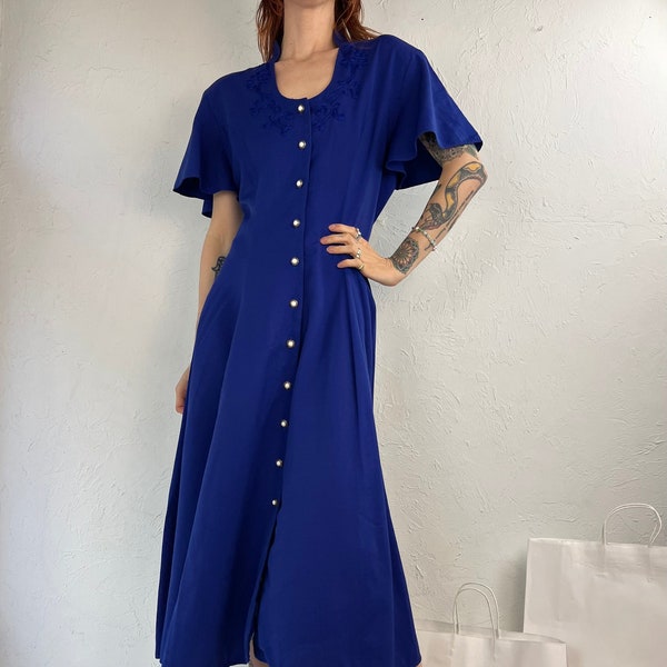 80s 'Savannah' Electric Blue Button Up Maxi Dress / Medium